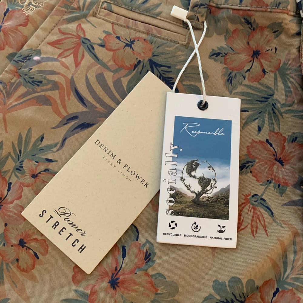 Denim & Flower Men's Floral Chino Shorts - Tan with Green & Orange Accents - Picture 5 of 12